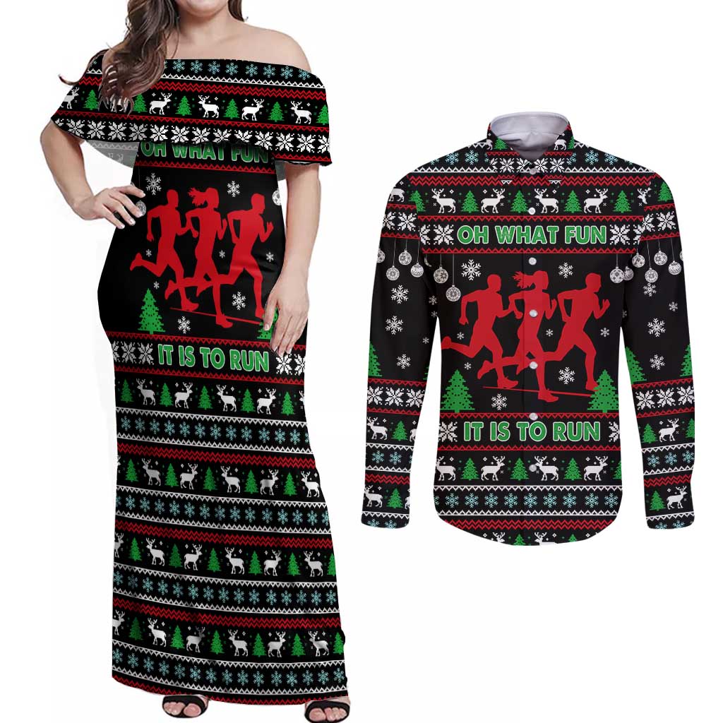 Running Oh What Fun Christmas Couples Matching Off Shoulder Maxi Dress and Long Sleeve Button Shirt Xmas Holiday Patterns - Wonder Print Shop