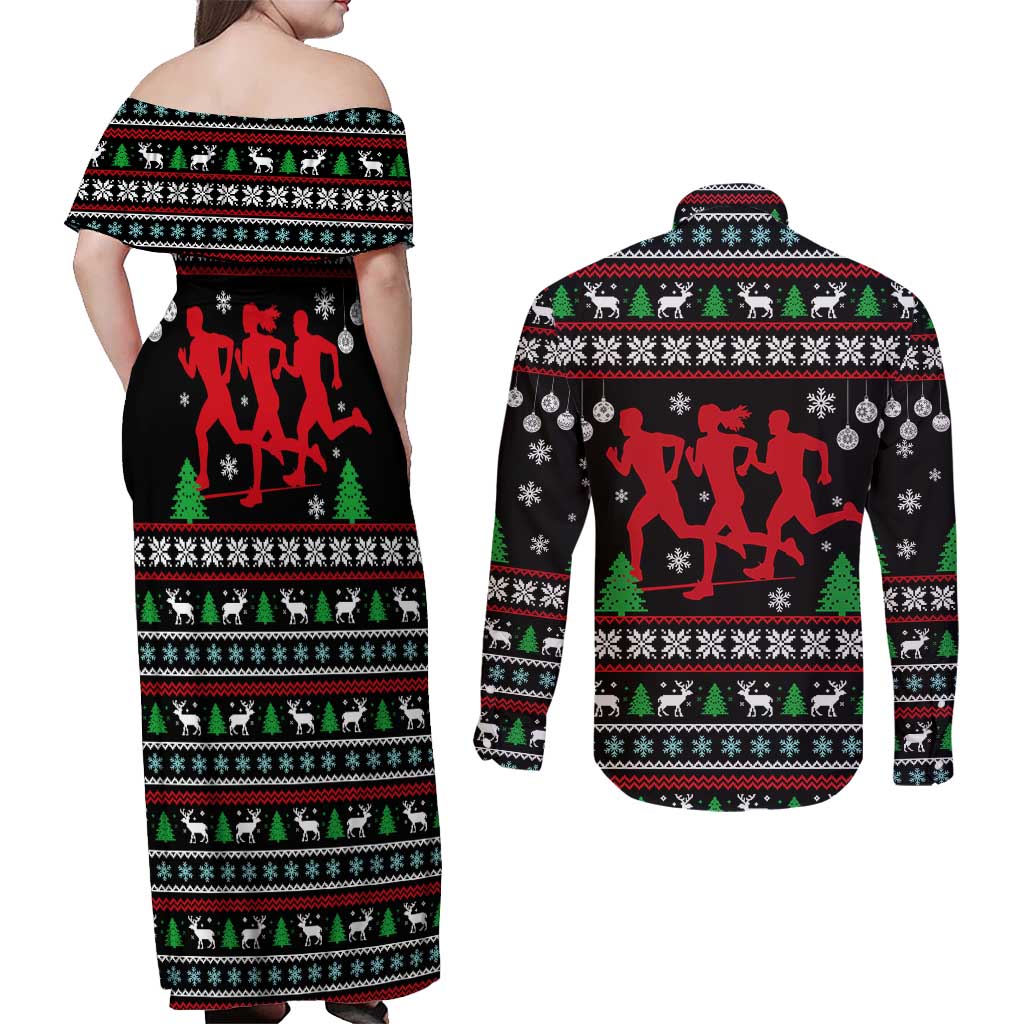 Running Oh What Fun Christmas Couples Matching Off Shoulder Maxi Dress and Long Sleeve Button Shirt Xmas Holiday Patterns - Wonder Print Shop