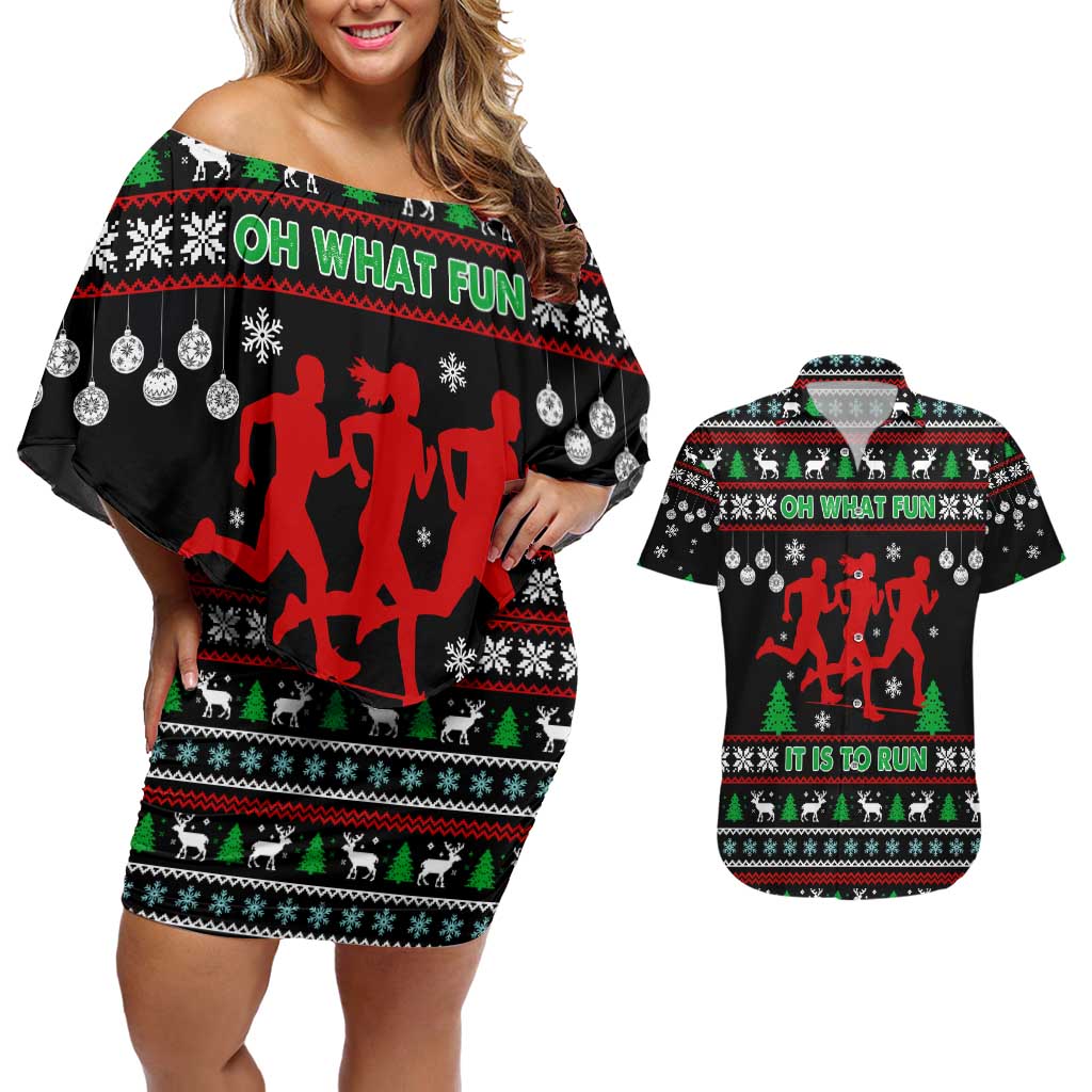 Running Oh What Fun Christmas Couples Matching Off Shoulder Short Dress and Hawaiian Shirt Xmas Holiday Patterns - Wonder Print Shop