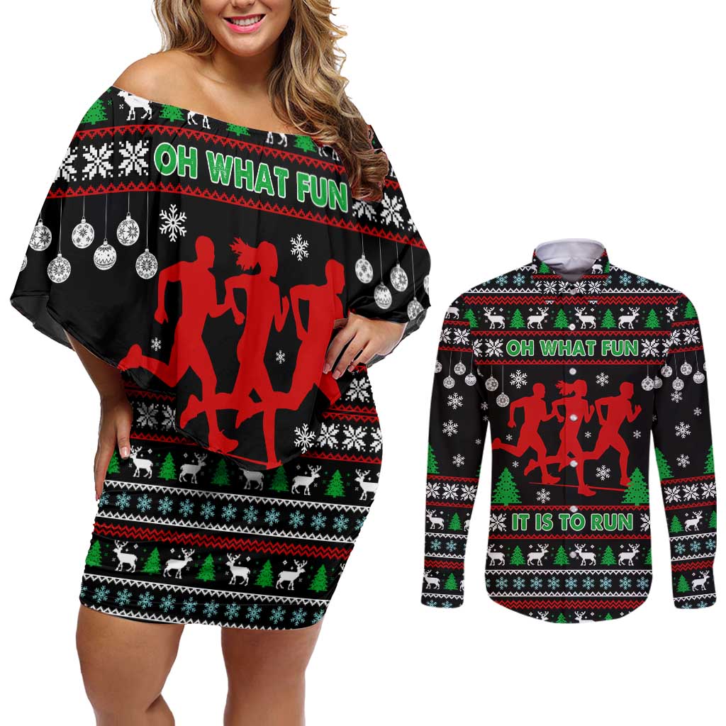 Running Oh What Fun Christmas Couples Matching Off Shoulder Short Dress and Long Sleeve Button Shirt Xmas Holiday Patterns - Wonder Print Shop
