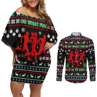 Running Oh What Fun Christmas Couples Matching Off Shoulder Short Dress and Long Sleeve Button Shirt Xmas Holiday Patterns - Wonder Print Shop