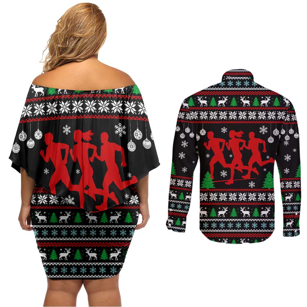 Running Oh What Fun Christmas Couples Matching Off Shoulder Short Dress and Long Sleeve Button Shirt Xmas Holiday Patterns - Wonder Print Shop