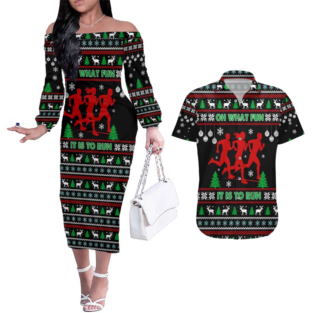 Running Oh What Fun Christmas Couples Matching Off The Shoulder Long Sleeve Dress and Hawaiian Shirt Xmas Holiday Patterns - Wonder Print Shop