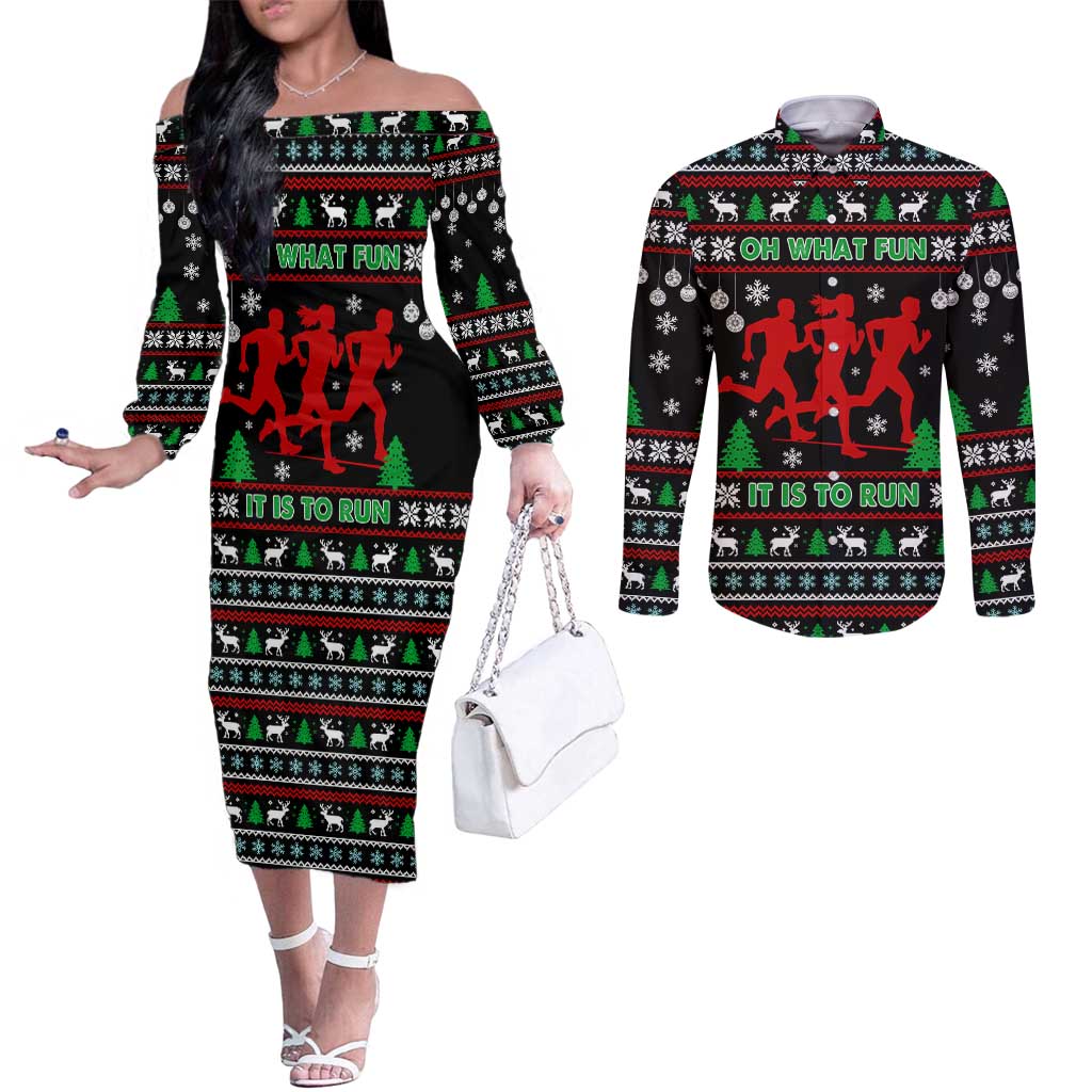Running Oh What Fun Christmas Couples Matching Off The Shoulder Long Sleeve Dress and Long Sleeve Button Shirt Xmas Holiday Patterns - Wonder Print Shop