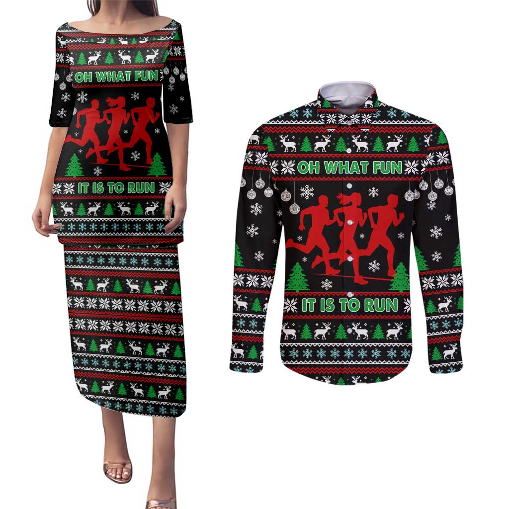 Running Oh What Fun Christmas Couples Matching Puletasi and Long Sleeve Button Shirt Xmas Holiday Patterns - Wonder Print Shop