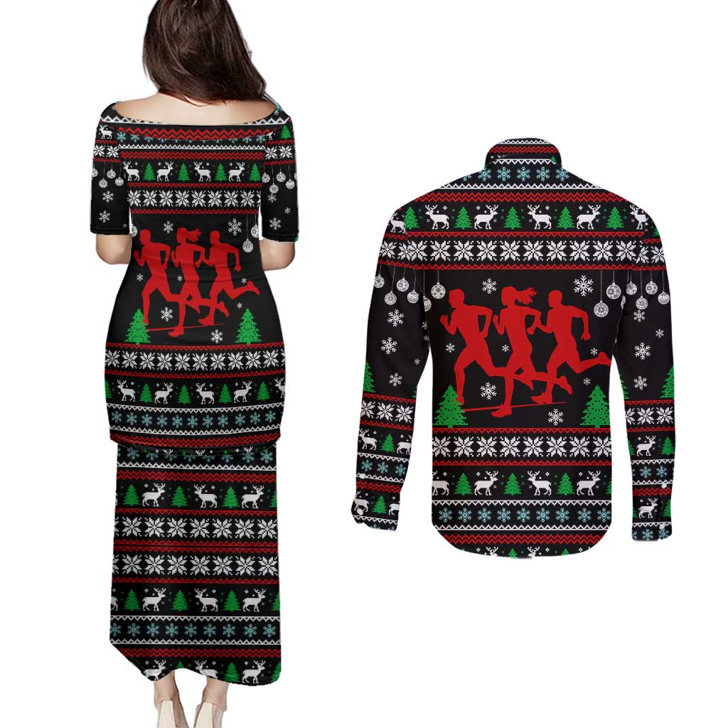 Running Oh What Fun Christmas Couples Matching Puletasi and Long Sleeve Button Shirt Xmas Holiday Patterns - Wonder Print Shop