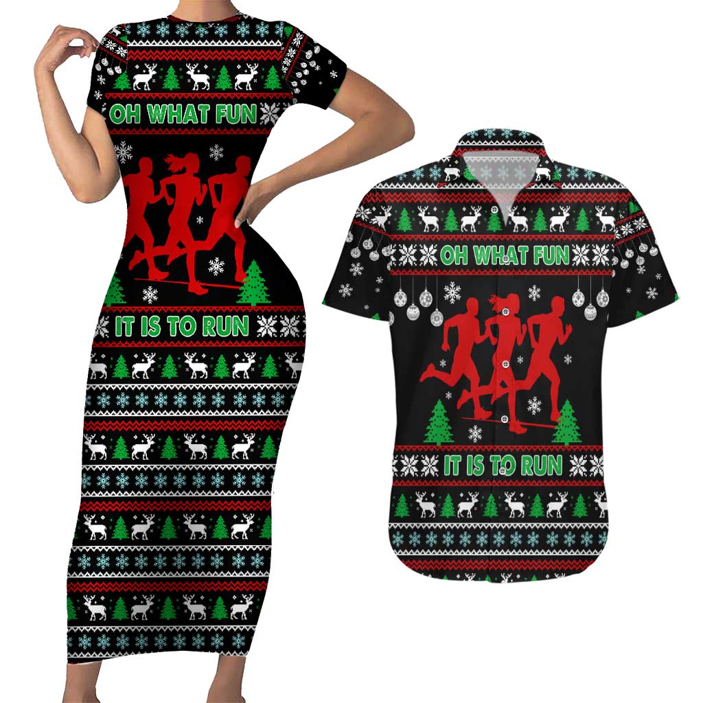 Running Oh What Fun Christmas Couples Matching Short Sleeve Bodycon Dress and Hawaiian Shirt Xmas Holiday Patterns - Wonder Print Shop