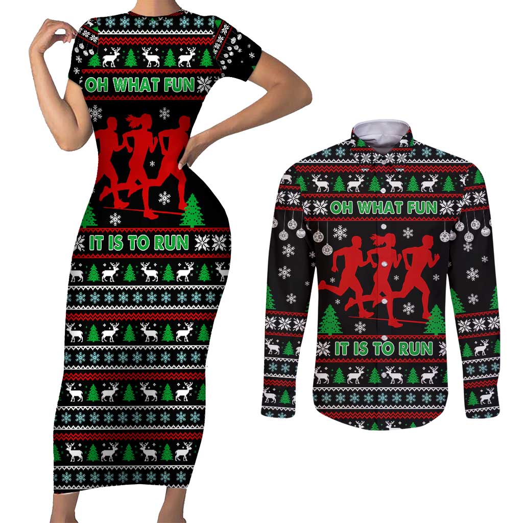 Running Oh What Fun Christmas Couples Matching Short Sleeve Bodycon Dress and Long Sleeve Button Shirt Xmas Holiday Patterns - Wonder Print Shop