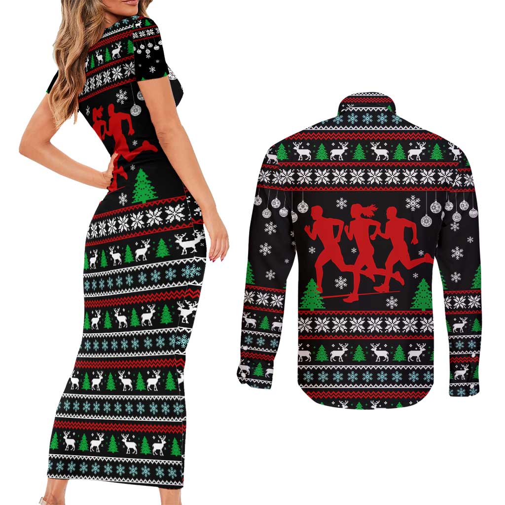 Running Oh What Fun Christmas Couples Matching Short Sleeve Bodycon Dress and Long Sleeve Button Shirt Xmas Holiday Patterns - Wonder Print Shop
