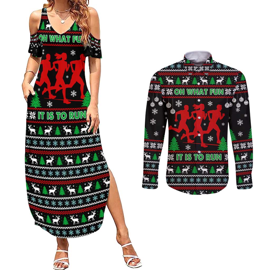 Running Oh What Fun Christmas Couples Matching Summer Maxi Dress and Long Sleeve Button Shirt Xmas Holiday Patterns - Wonder Print Shop