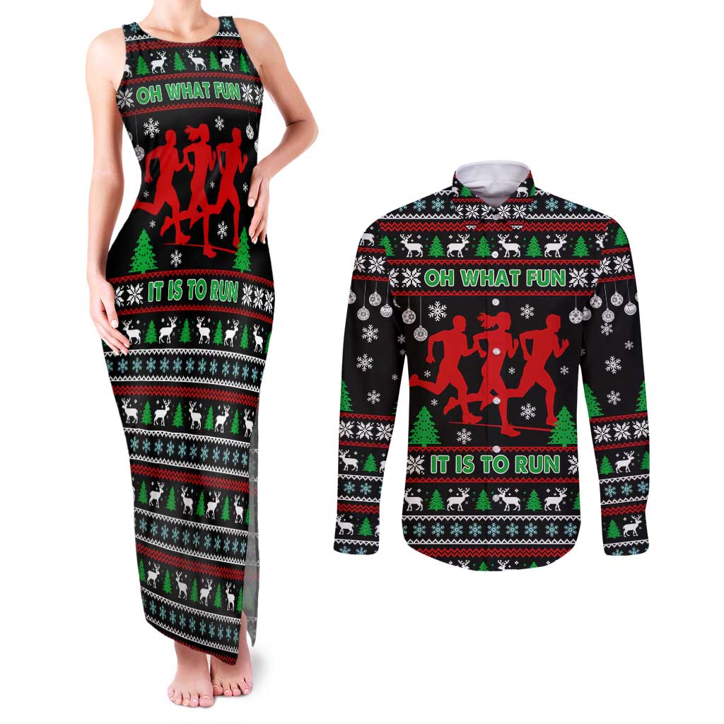 Running Oh What Fun Christmas Couples Matching Tank Maxi Dress and Long Sleeve Button Shirt Xmas Holiday Patterns - Wonder Print Shop