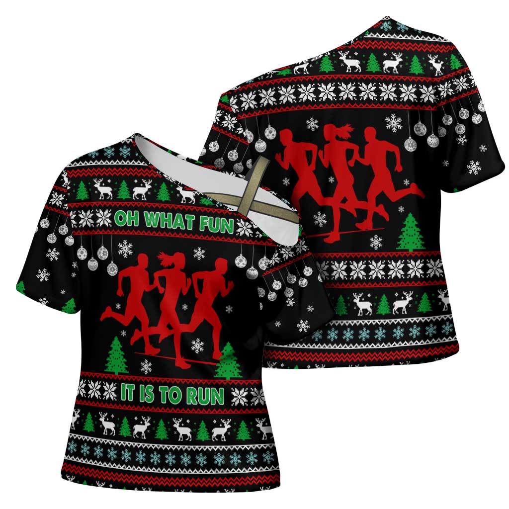 Running Oh What Fun Christmas Cross Shoulder Shirt Xmas Holiday Patterns - Wonder Print Shop