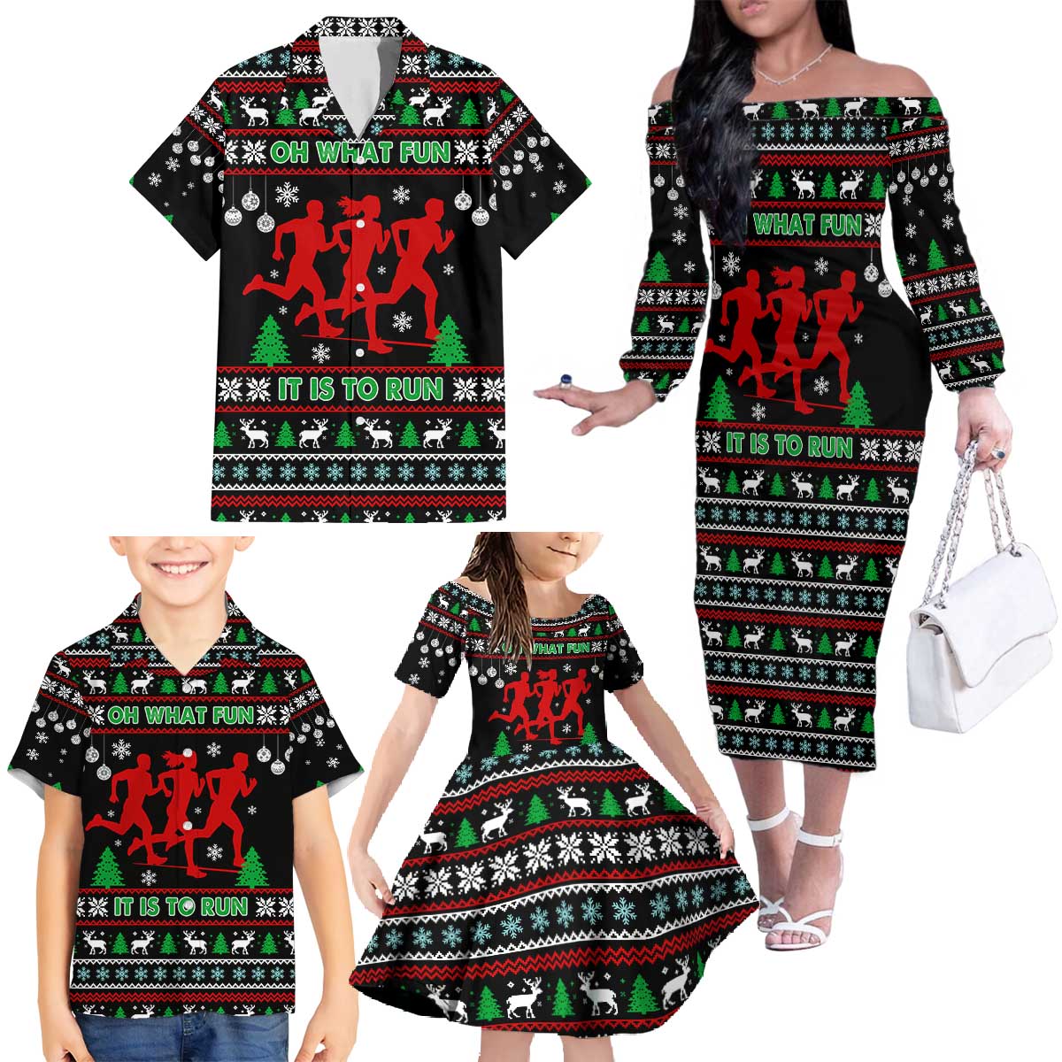 Running Oh What Fun Christmas Family Matching Off The Shoulder Long Sleeve Dress and Hawaiian Shirt Xmas Holiday Patterns - Wonder Print Shop