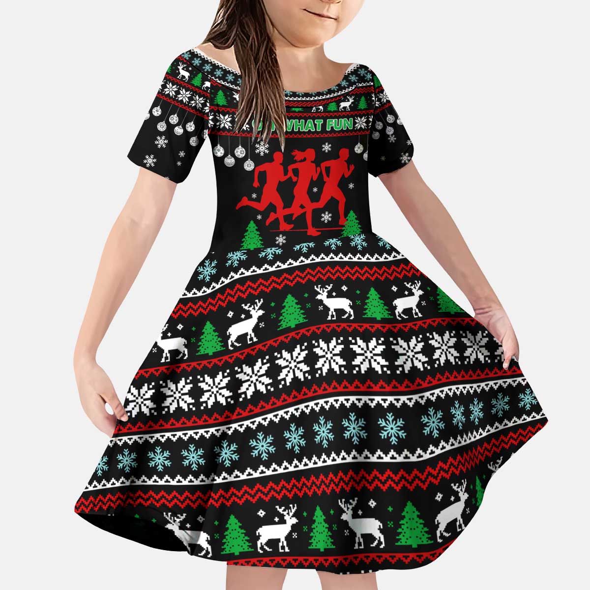 Running Oh What Fun Christmas Kid Short Sleeve Dress Xmas Holiday Patterns - Wonder Print Shop