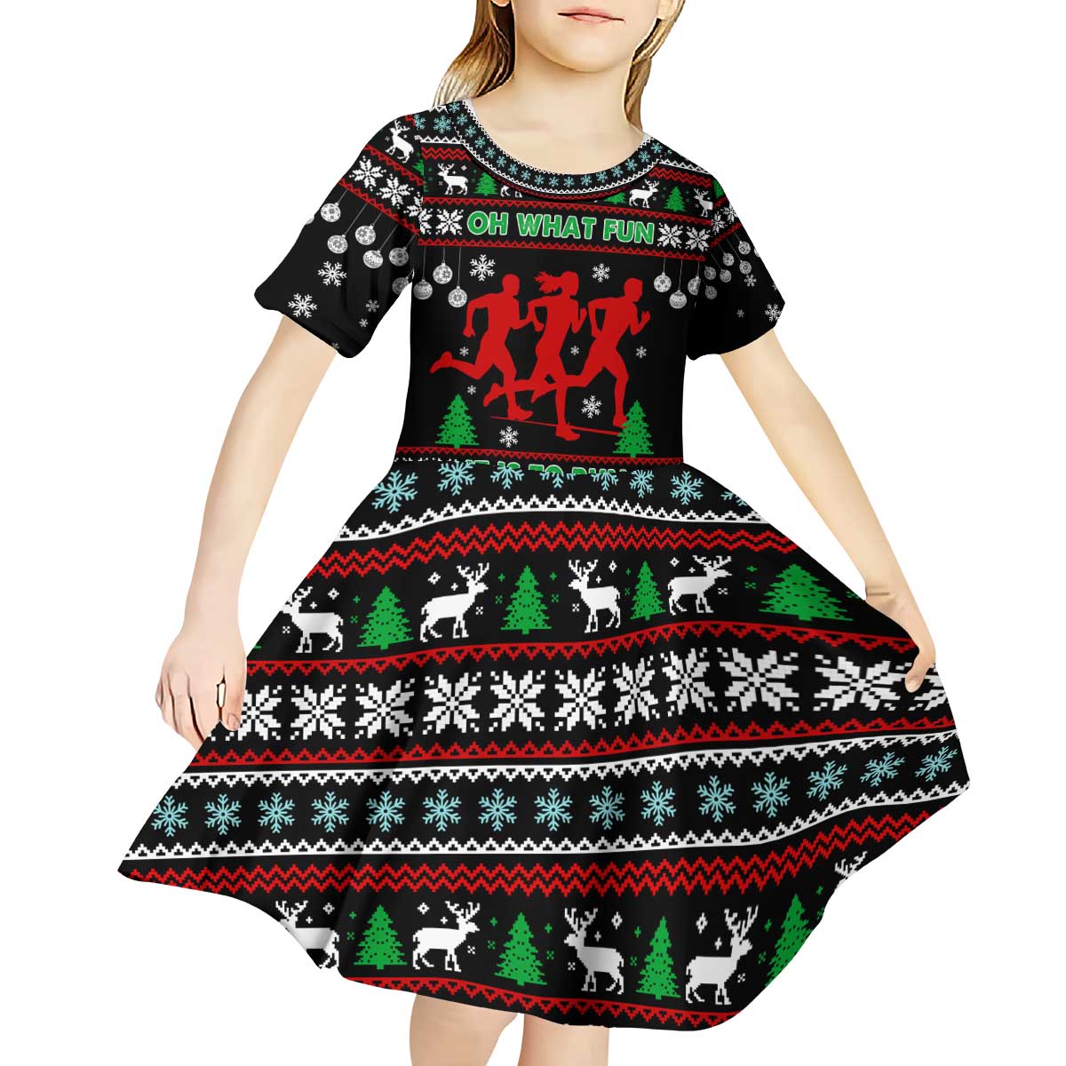 Running Oh What Fun Christmas Kid Short Sleeve Dress Xmas Holiday Patterns - Wonder Print Shop