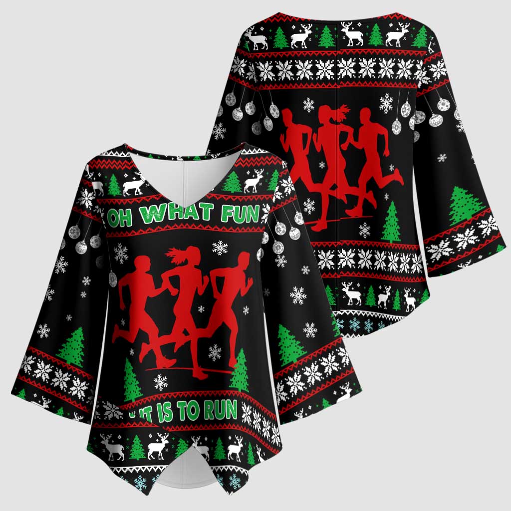 Running Oh What Fun Christmas Kimono Sleeve Blouse Xmas Holiday Patterns - Wonder Print Shop