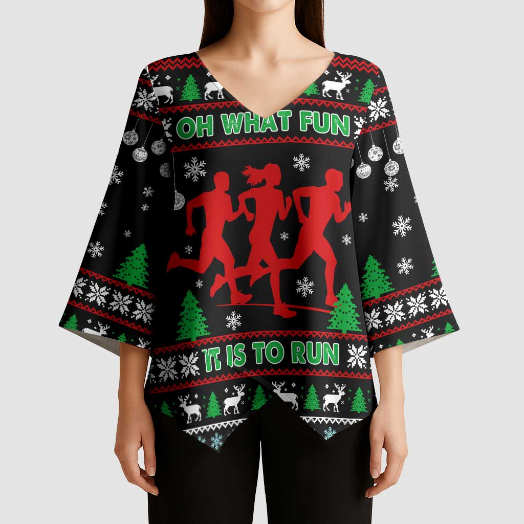 Running Oh What Fun Christmas Kimono Sleeve Blouse Xmas Holiday Patterns - Wonder Print Shop