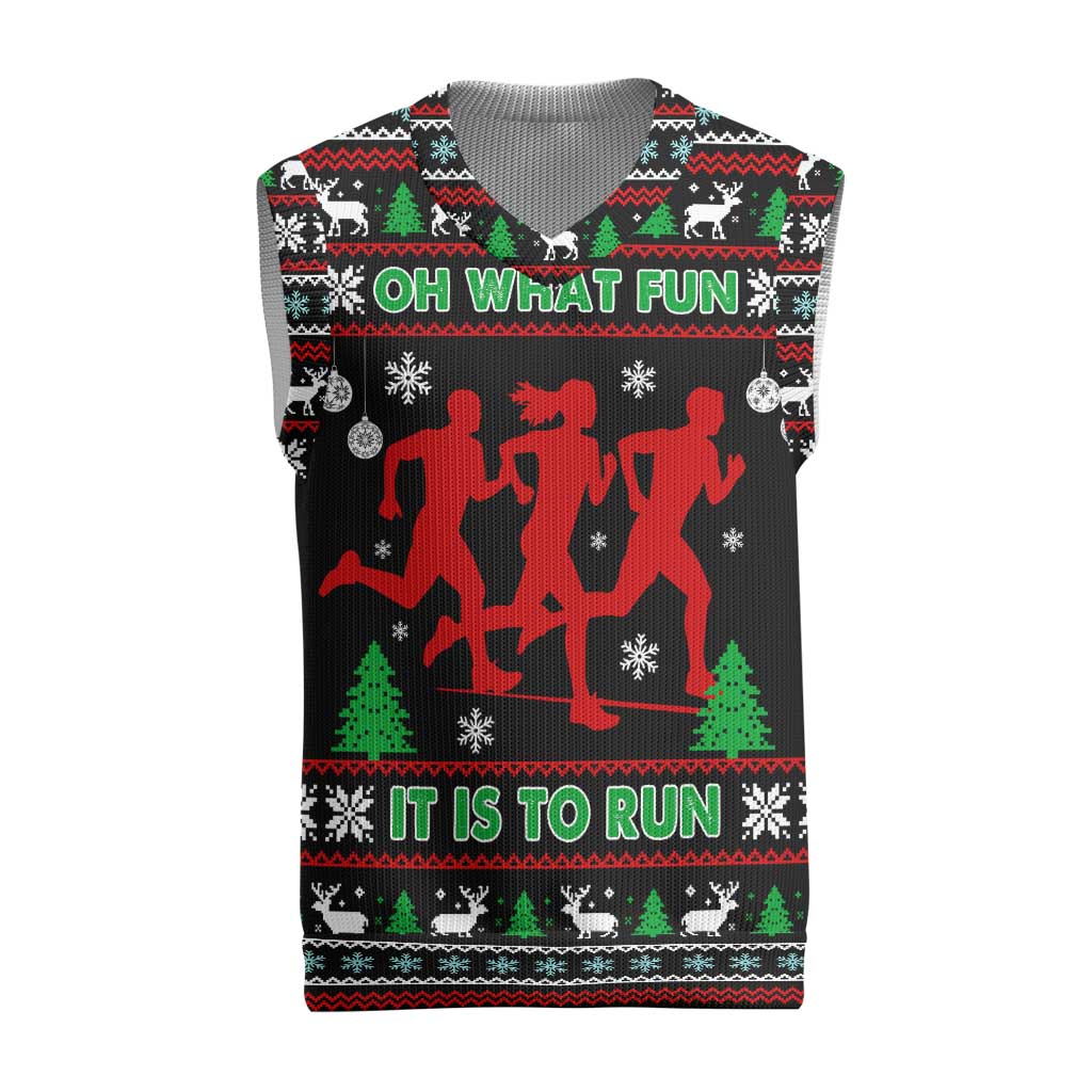 Running Oh What Fun Christmas Knitted V-Neck Vest Xmas Holiday Patterns - Wonder Print Shop