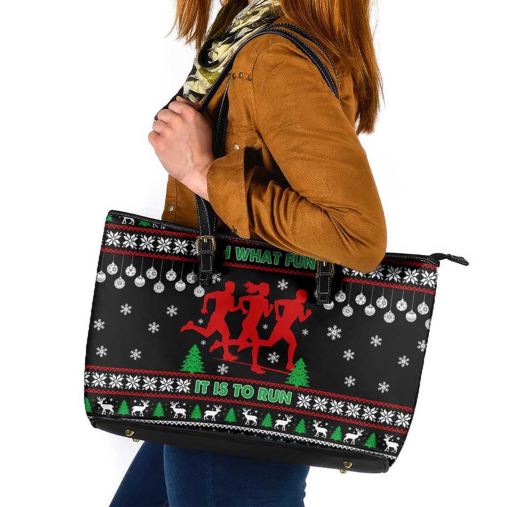 Running Oh What Fun Christmas Leather Tote Bag Xmas Holiday Patterns - Wonder Print Shop