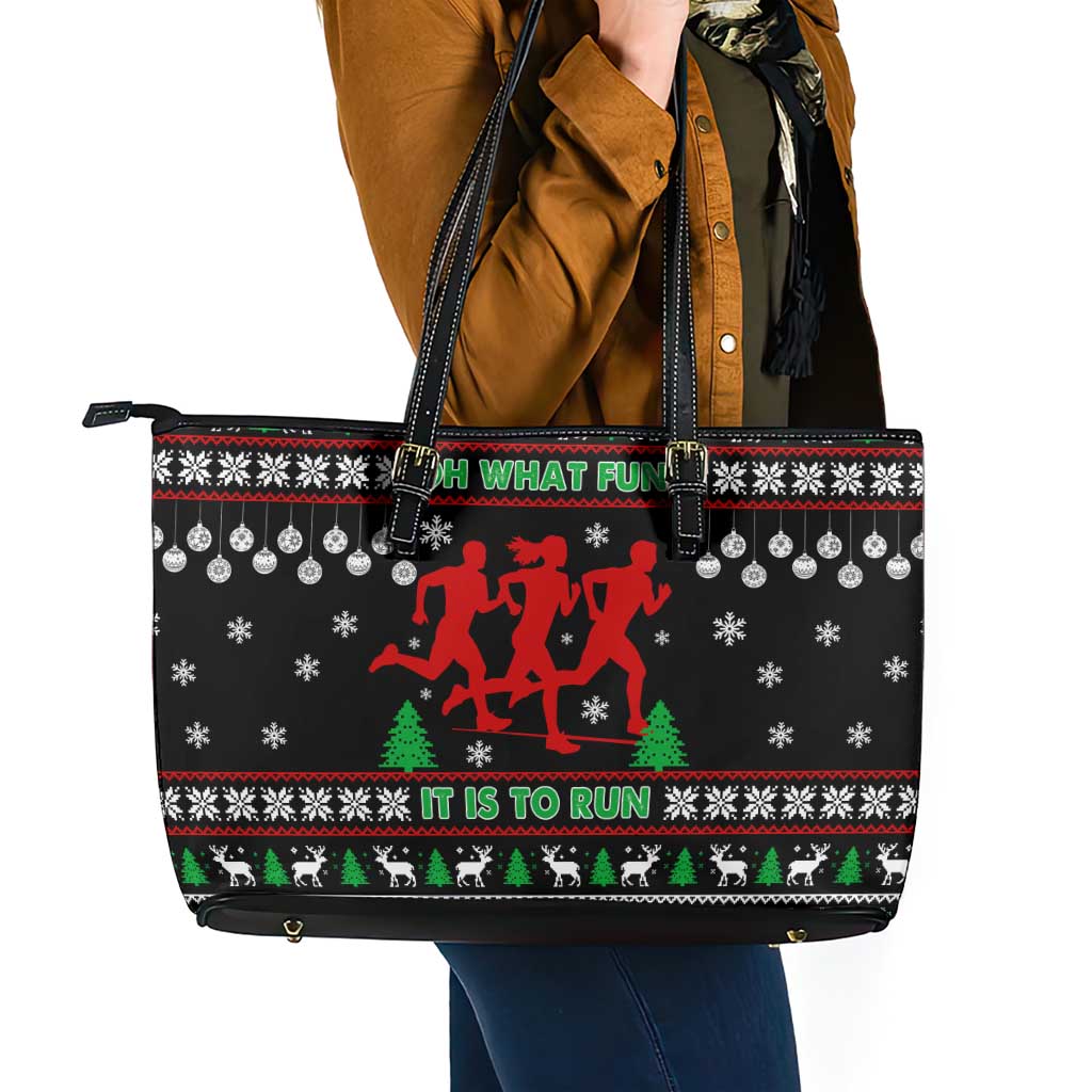 Running Oh What Fun Christmas Leather Tote Bag Xmas Holiday Patterns - Wonder Print Shop