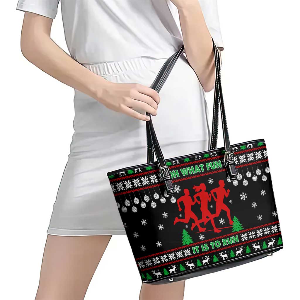 Running Oh What Fun Christmas Leather Tote Bag Xmas Holiday Patterns - Wonder Print Shop