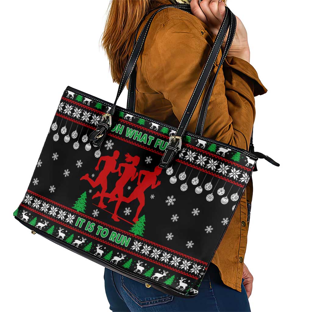 Running Oh What Fun Christmas Leather Tote Bag Xmas Holiday Patterns - Wonder Print Shop