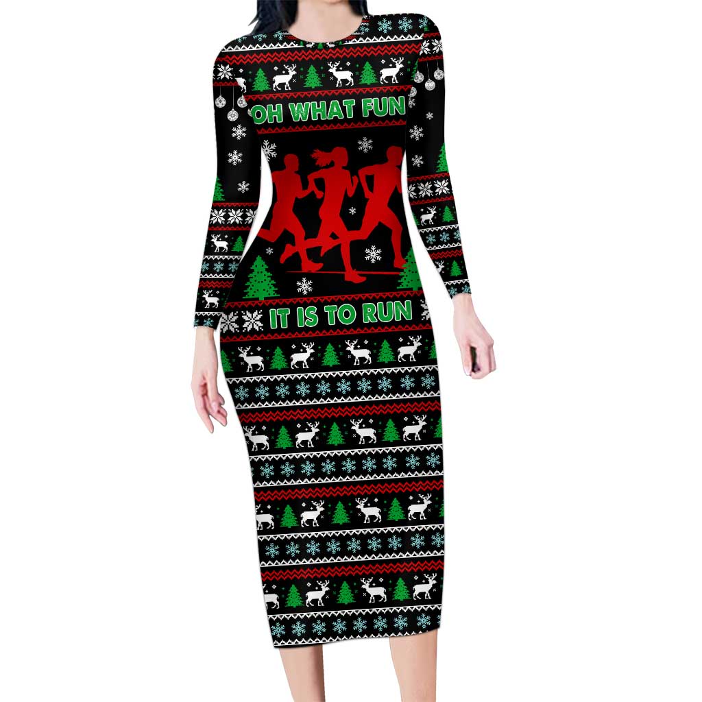 Running Oh What Fun Christmas Long Sleeve Bodycon Dress Xmas Holiday Patterns - Wonder Print Shop