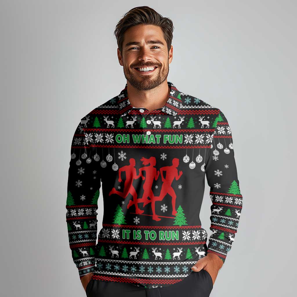 Running Oh What Fun Christmas Long Sleeve Polo Shirt Xmas Holiday Patterns - Wonder Print Shop
