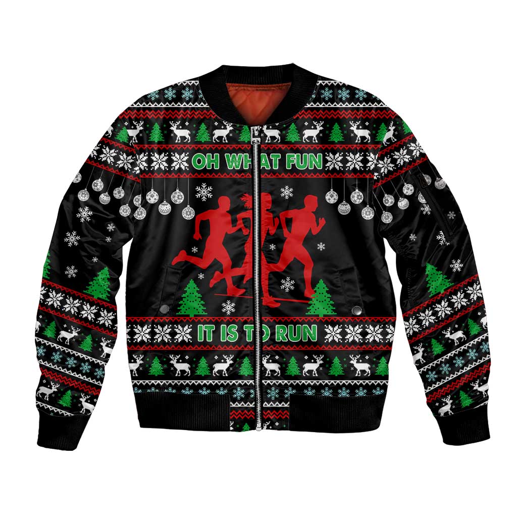 Running Oh What Fun Christmas Sleeve Zip Bomber Jacket Xmas Holiday Patterns - Wonder Print Shop