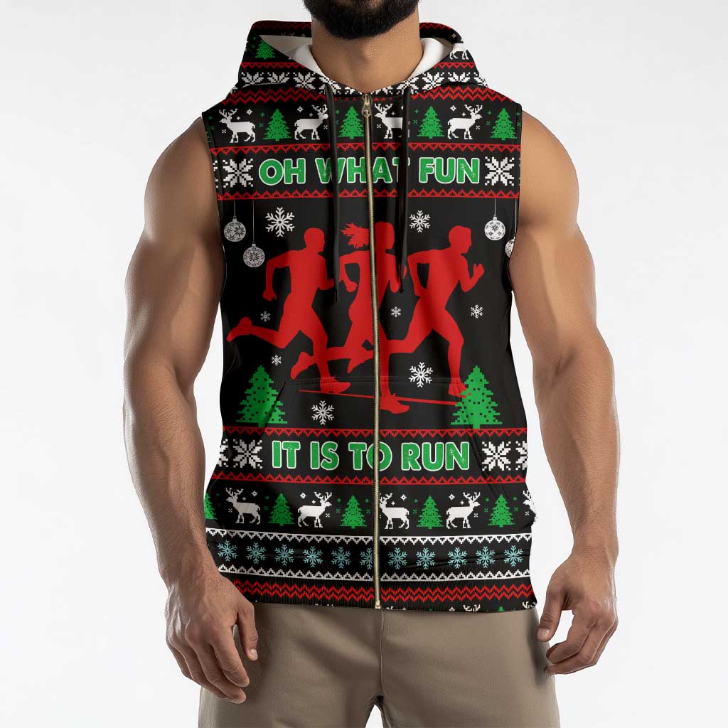 Running Oh What Fun Christmas Sleeveless Zip Hoodie Xmas Holiday Patterns - Wonder Print Shop