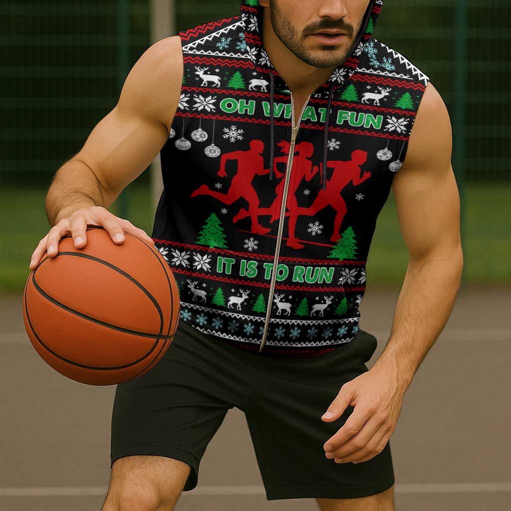 Running Oh What Fun Christmas Sleeveless Zip Hoodie Xmas Holiday Patterns - Wonder Print Shop