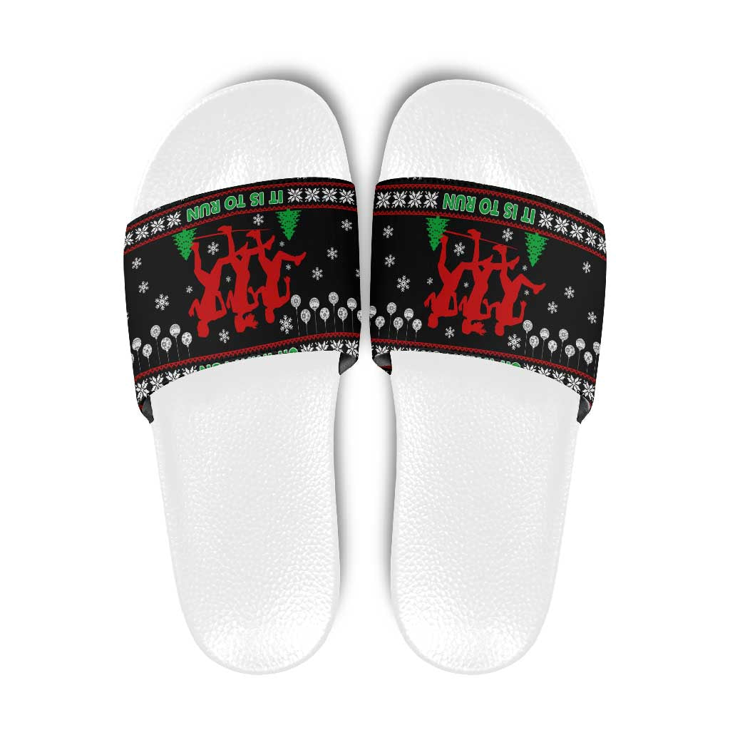 Running Oh What Fun Christmas Slide Sandals Xmas Holiday Patterns - Wonder Print Shop