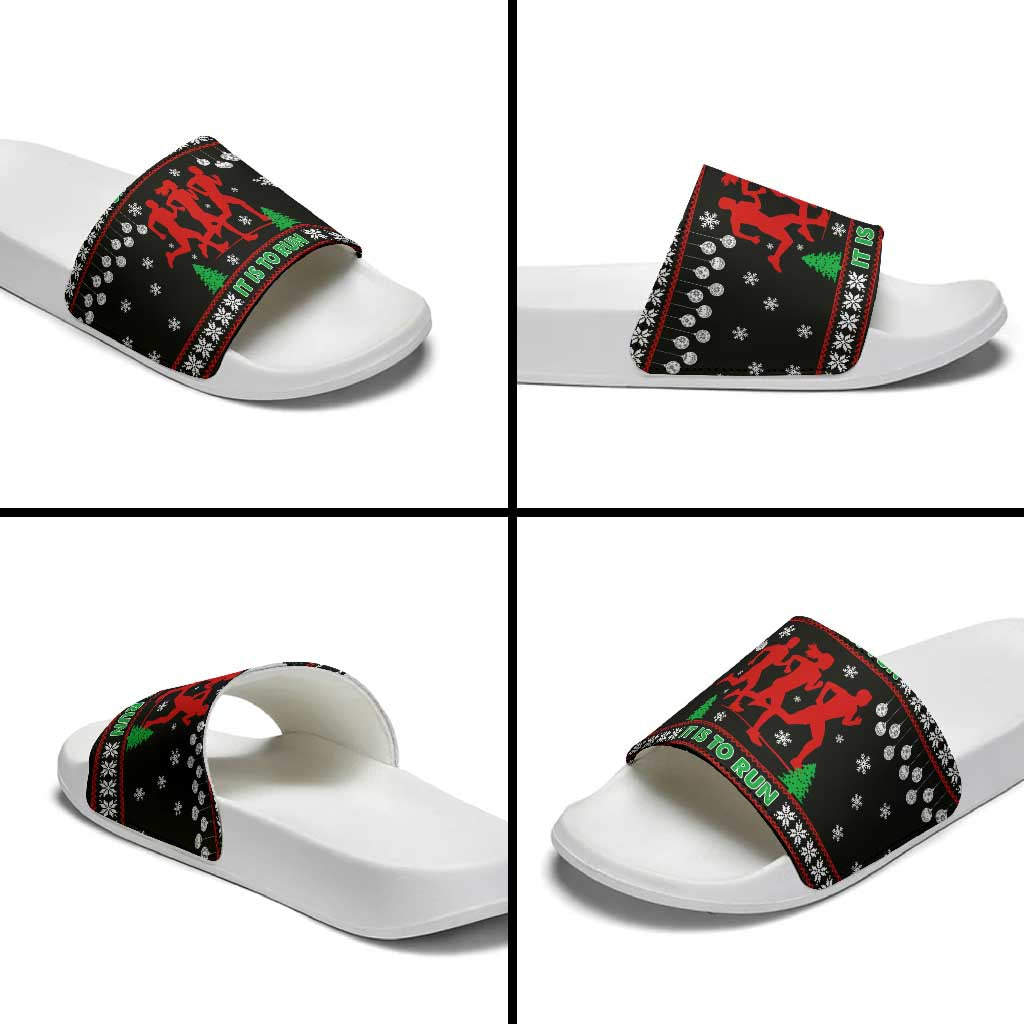 Running Oh What Fun Christmas Slide Sandals Xmas Holiday Patterns - Wonder Print Shop
