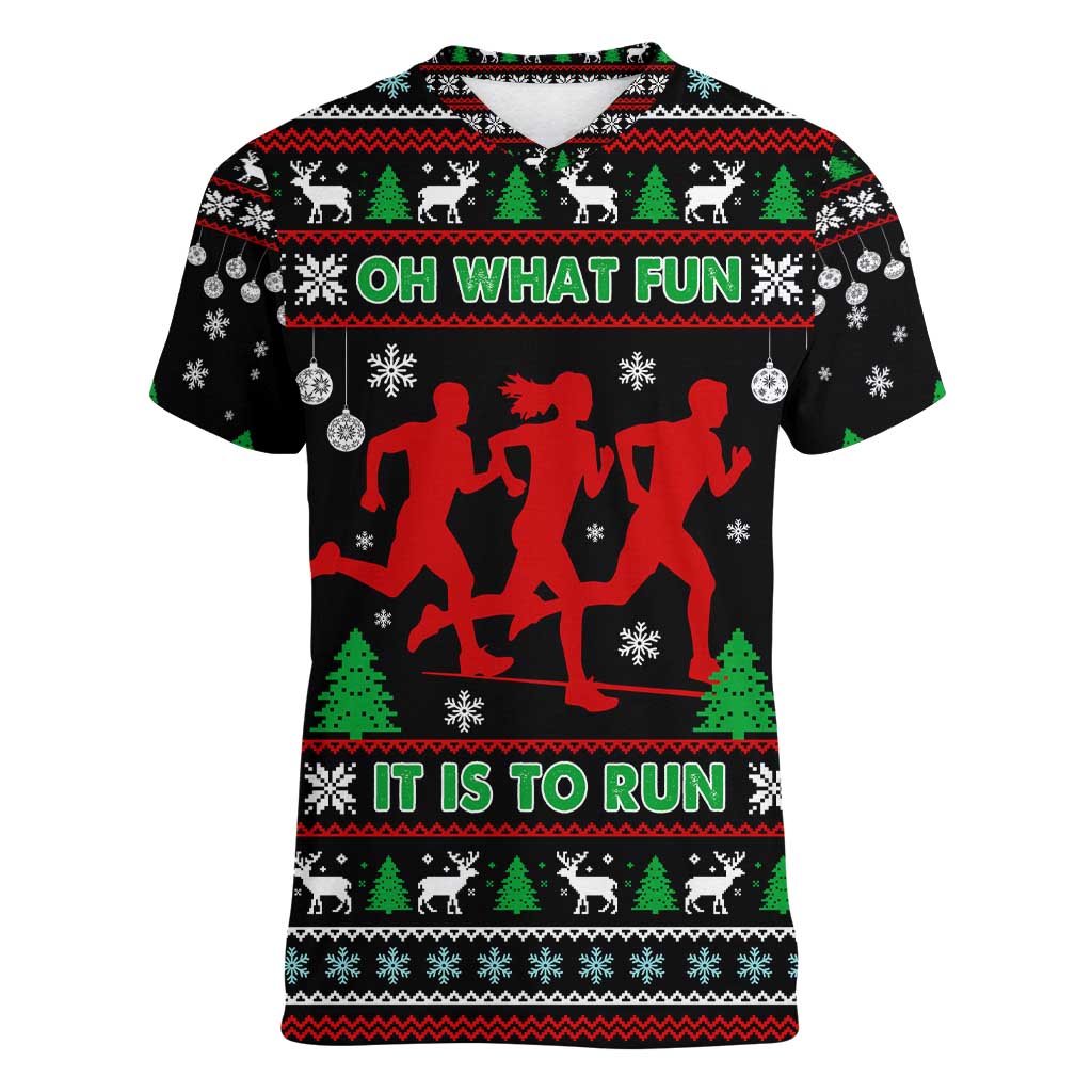 Running Oh What Fun Christmas Women V-Neck T-Shirt Xmas Holiday Patterns - Wonder Print Shop