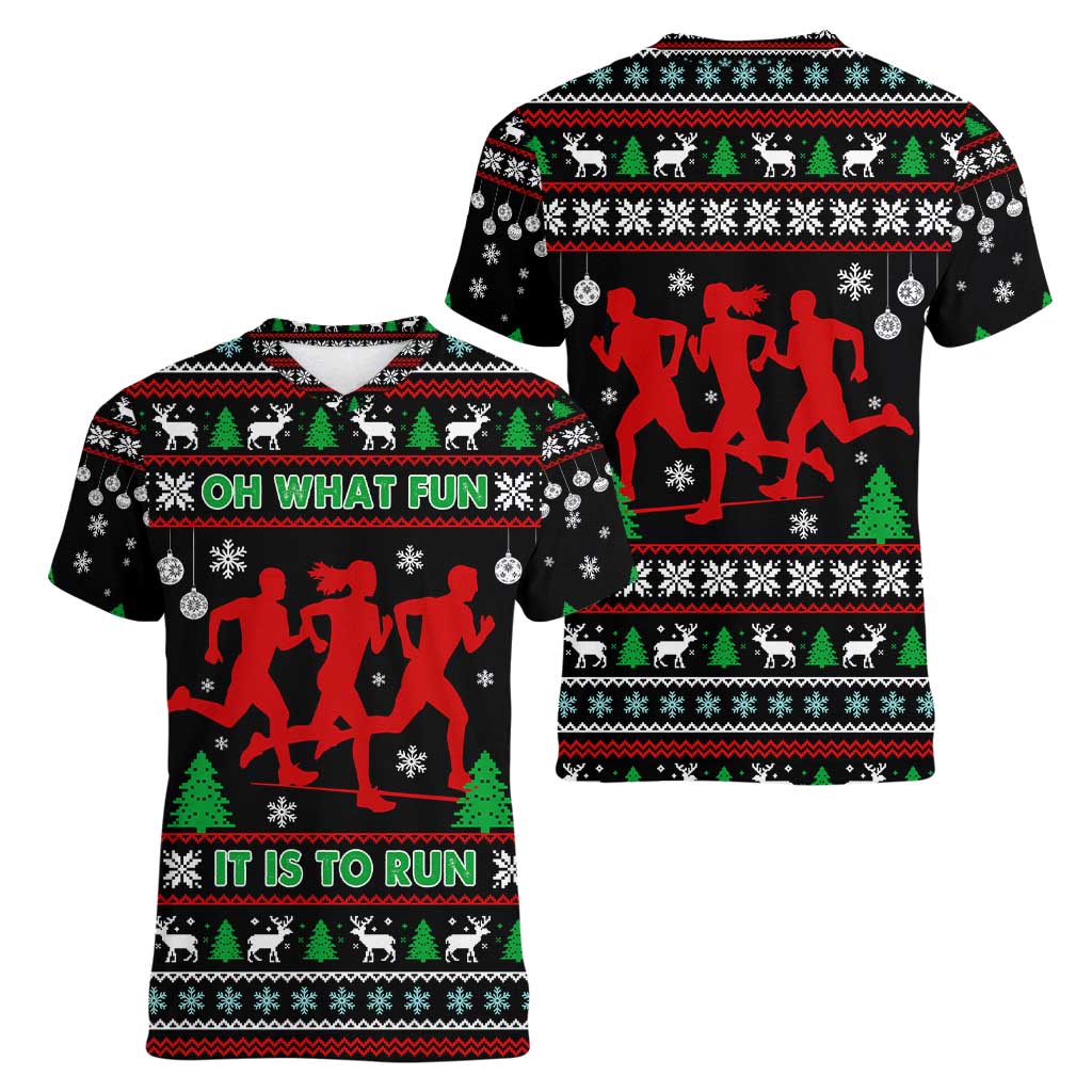 Running Oh What Fun Christmas Women V-Neck T-Shirt Xmas Holiday Patterns - Wonder Print Shop