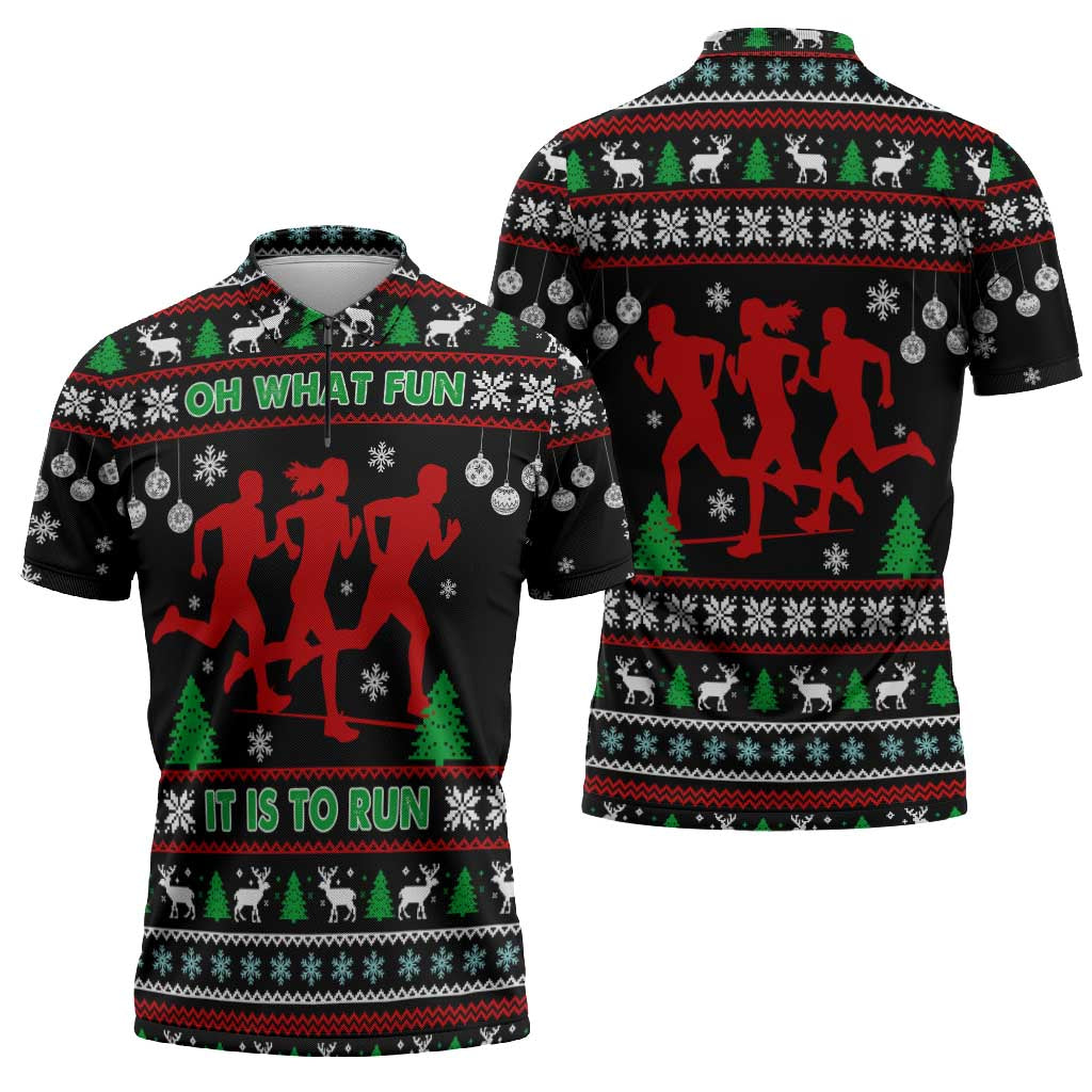 Running Oh What Fun Christmas Zipper Polo Shirt Xmas Holiday Patterns - Wonder Print Shop