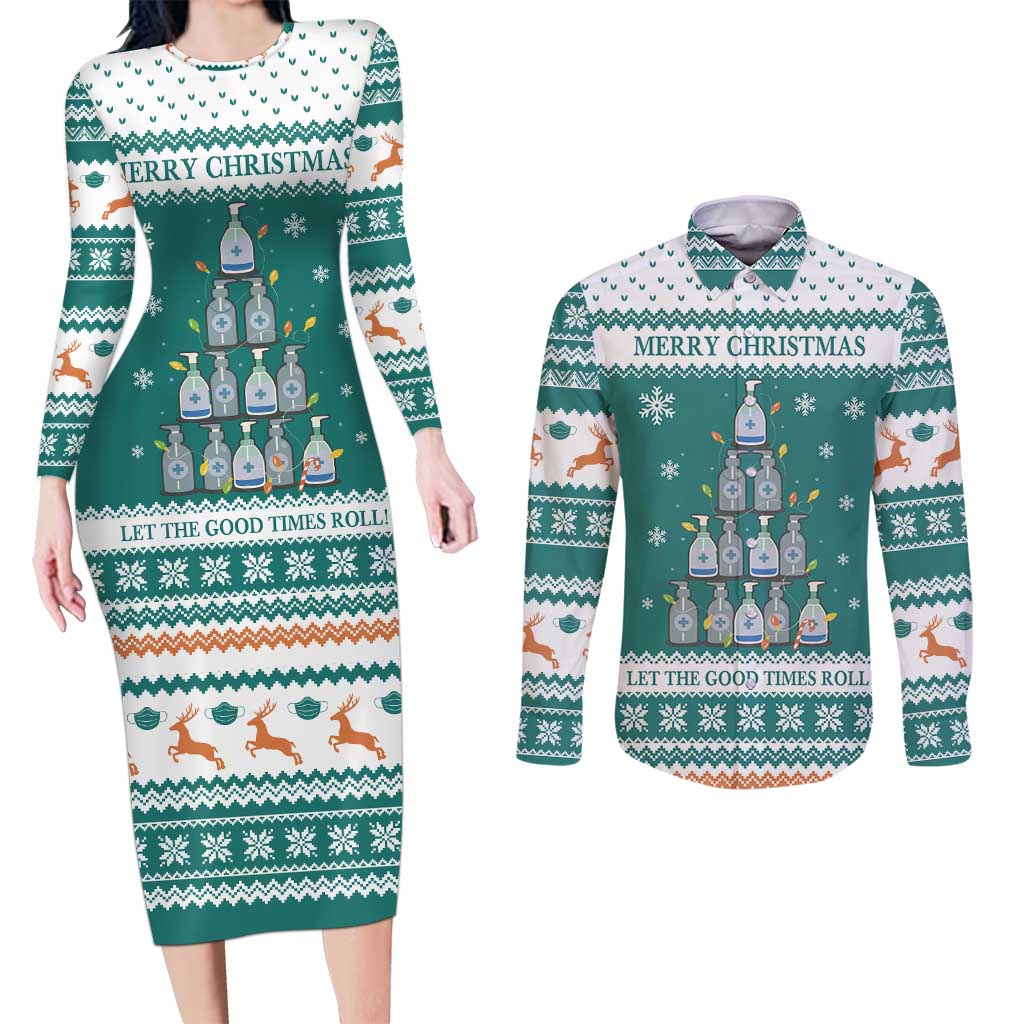 Sanitizer Merry Christmas Couples Matching Long Sleeve Bodycon Dress and Long Sleeve Button Shirt Xmas Holiday Patterns - Wonder Print Shop