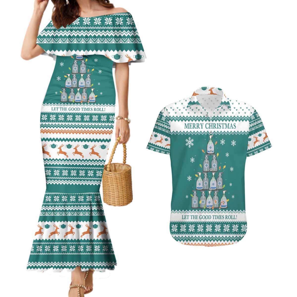Sanitizer Merry Christmas Couples Matching Mermaid Dress and Hawaiian Shirt Xmas Holiday Patterns - Wonder Print Shop