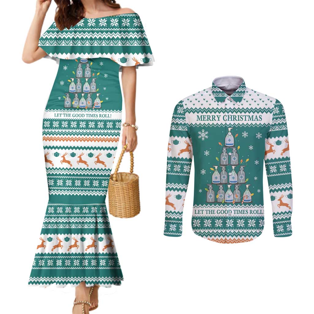 Sanitizer Merry Christmas Couples Matching Mermaid Dress and Long Sleeve Button Shirt Xmas Holiday Patterns - Wonder Print Shop