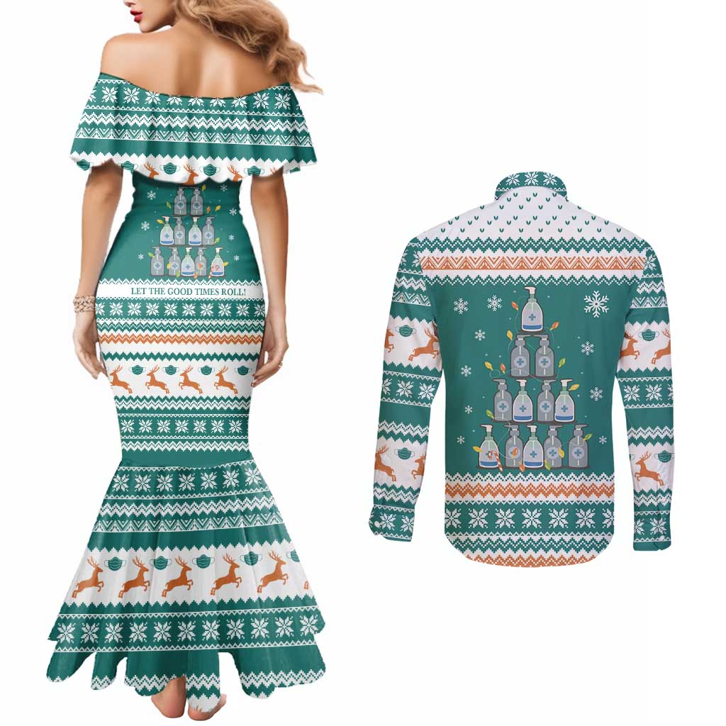 Sanitizer Merry Christmas Couples Matching Mermaid Dress and Long Sleeve Button Shirt Xmas Holiday Patterns - Wonder Print Shop