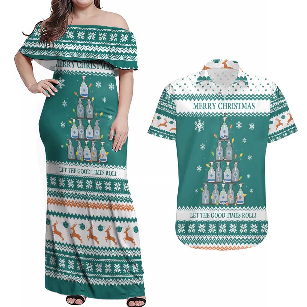 Sanitizer Merry Christmas Couples Matching Off Shoulder Maxi Dress and Hawaiian Shirt Xmas Holiday Patterns - Wonder Print Shop