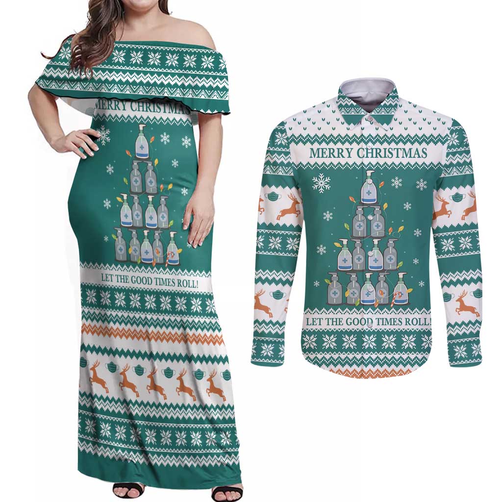 Sanitizer Merry Christmas Couples Matching Off Shoulder Maxi Dress and Long Sleeve Button Shirt Xmas Holiday Patterns - Wonder Print Shop