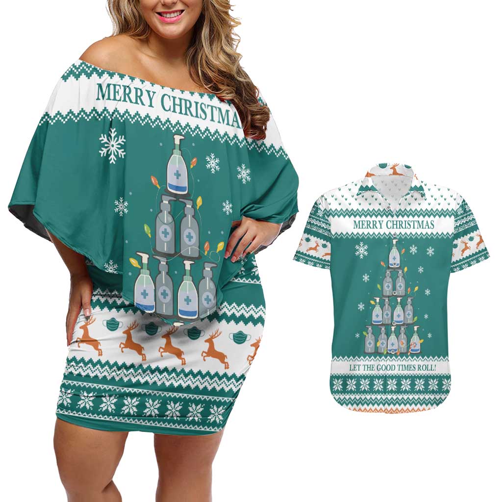 Sanitizer Merry Christmas Couples Matching Off Shoulder Short Dress and Hawaiian Shirt Xmas Holiday Patterns - Wonder Print Shop