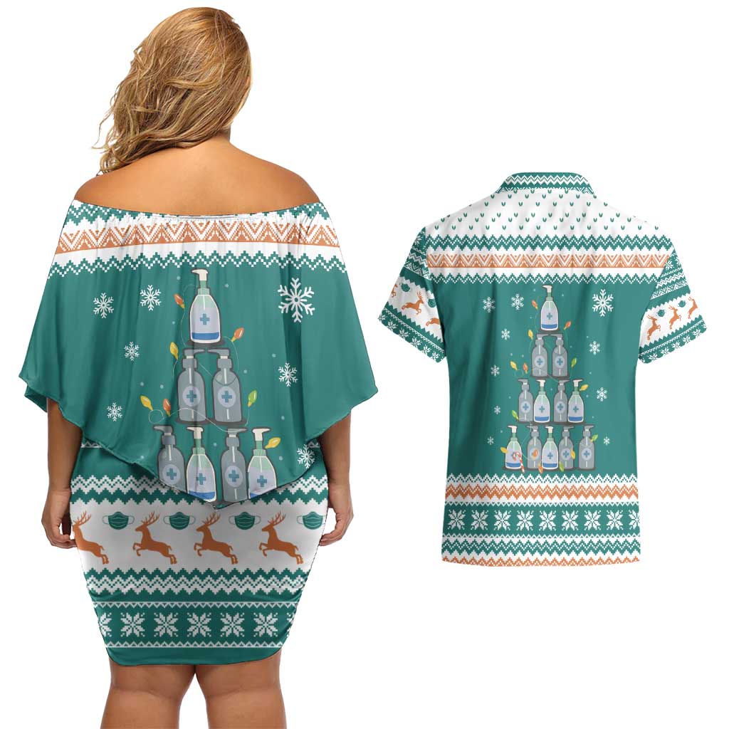 Sanitizer Merry Christmas Couples Matching Off Shoulder Short Dress and Hawaiian Shirt Xmas Holiday Patterns - Wonder Print Shop