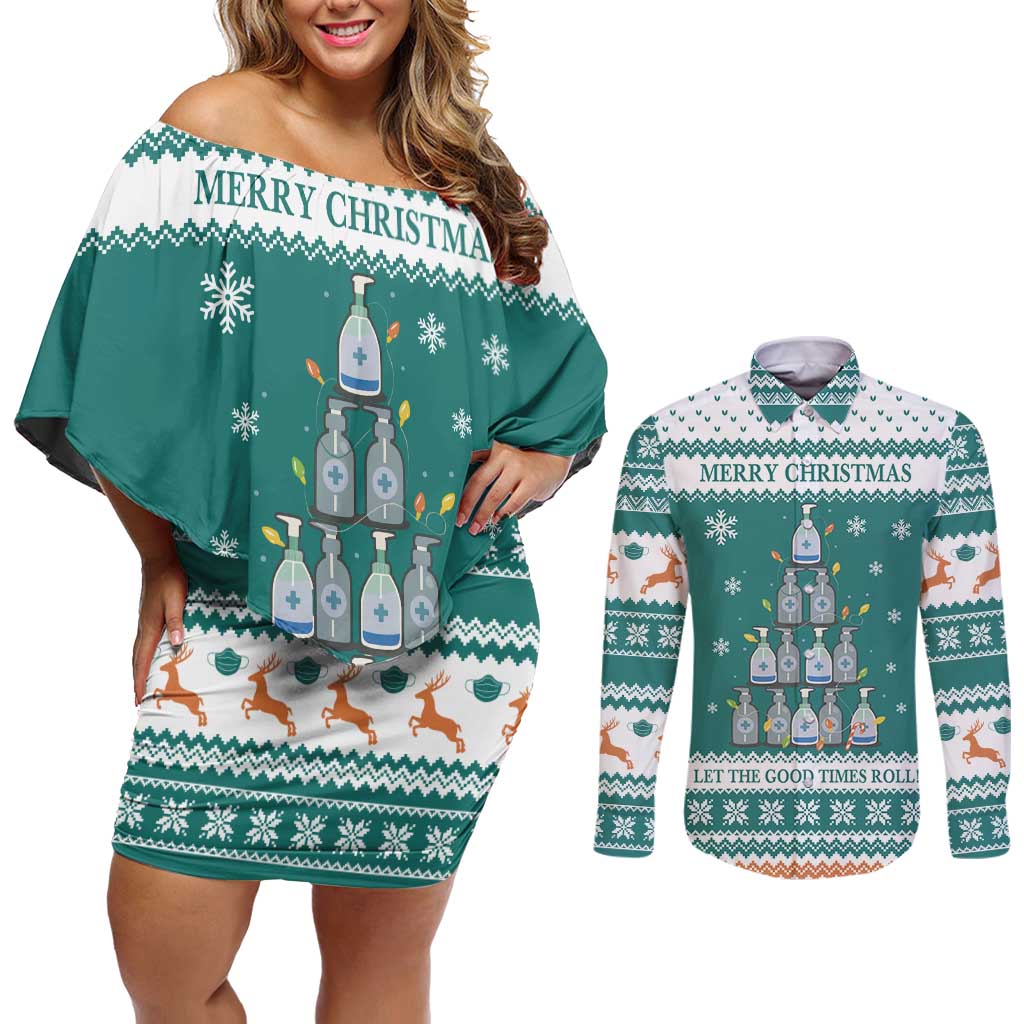 Sanitizer Merry Christmas Couples Matching Off Shoulder Short Dress and Long Sleeve Button Shirt Xmas Holiday Patterns - Wonder Print Shop