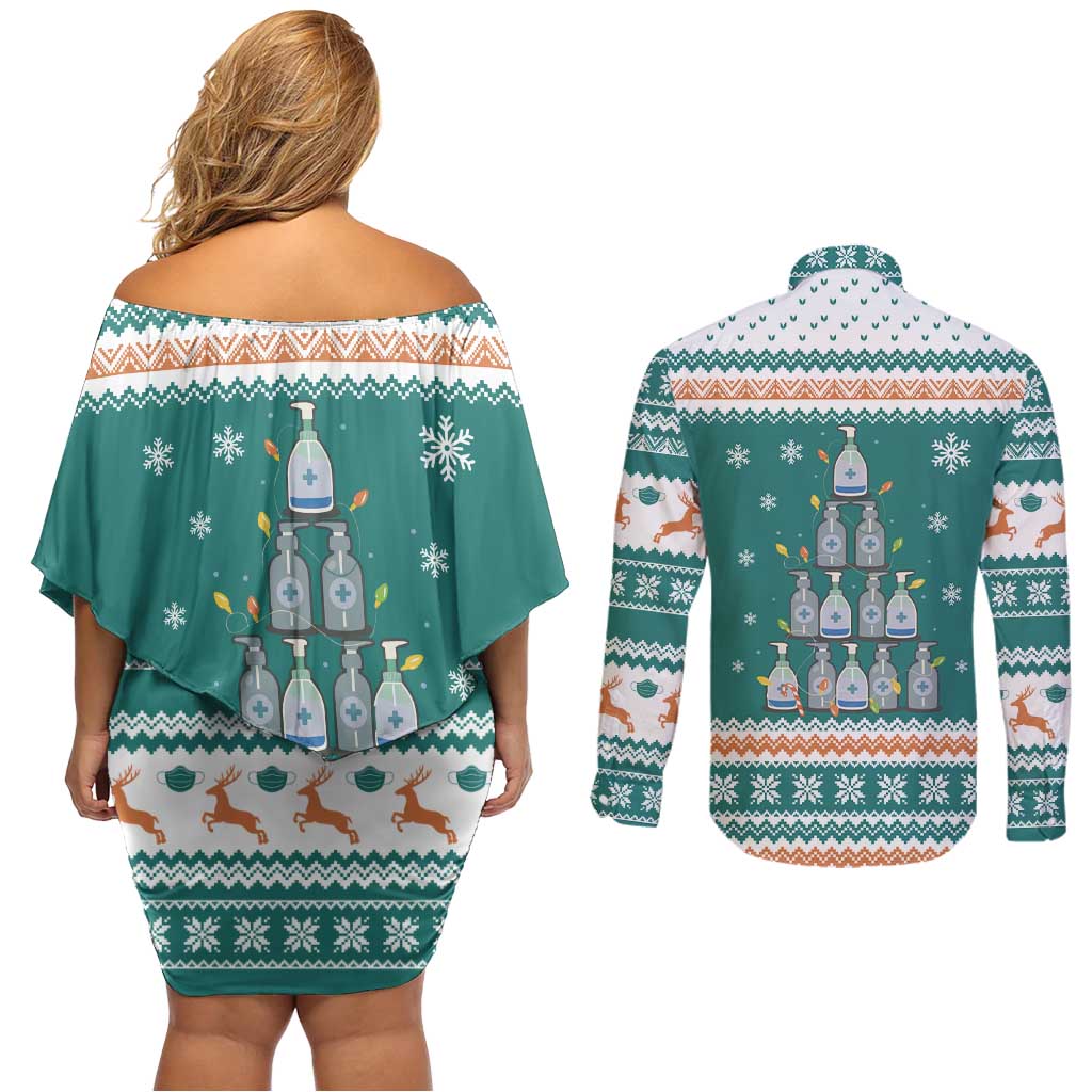 Sanitizer Merry Christmas Couples Matching Off Shoulder Short Dress and Long Sleeve Button Shirt Xmas Holiday Patterns - Wonder Print Shop
