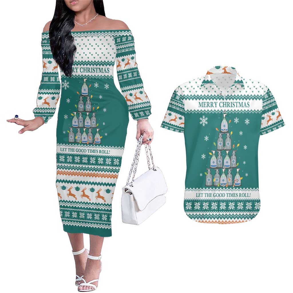 Sanitizer Merry Christmas Couples Matching Off The Shoulder Long Sleeve Dress and Hawaiian Shirt Xmas Holiday Patterns - Wonder Print Shop
