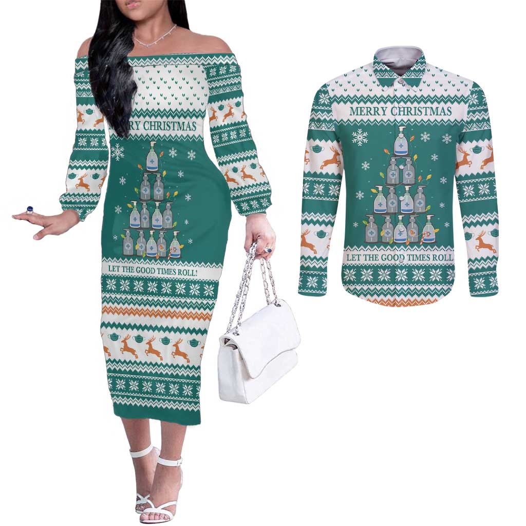 Sanitizer Merry Christmas Couples Matching Off The Shoulder Long Sleeve Dress and Long Sleeve Button Shirt Xmas Holiday Patterns - Wonder Print Shop