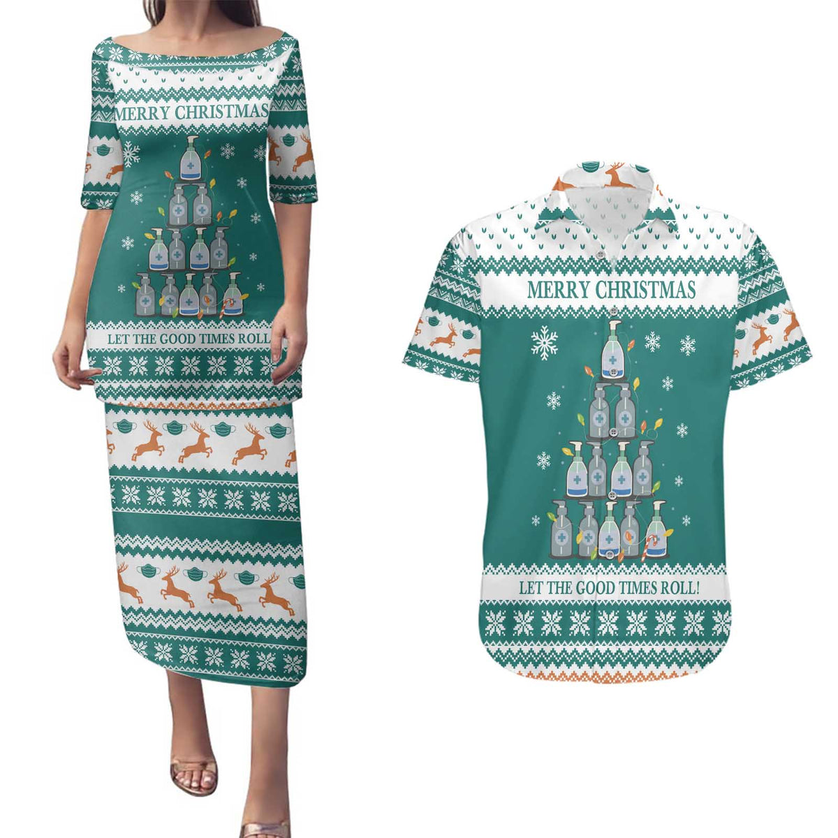 Sanitizer Merry Christmas Couples Matching Puletasi and Hawaiian Shirt Xmas Holiday Patterns - Wonder Print Shop