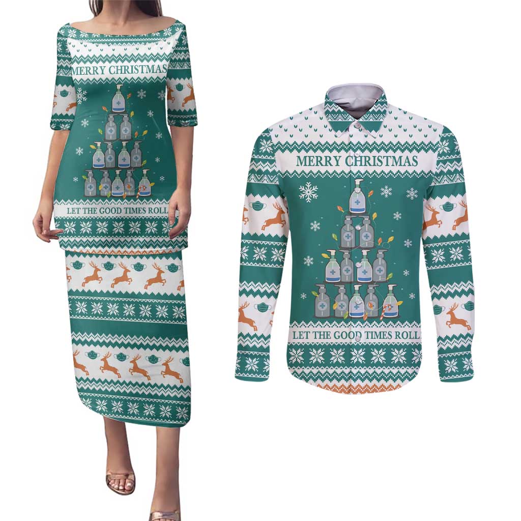 Sanitizer Merry Christmas Couples Matching Puletasi and Long Sleeve Button Shirt Xmas Holiday Patterns - Wonder Print Shop